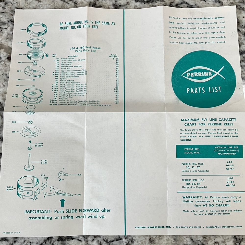Perrine Automatic Fly Reel with Parts List - Picture 8 of 9